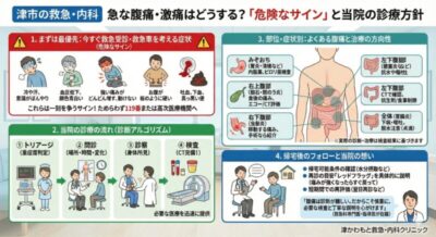 【津市の腹痛外来】急な腹痛・激痛の診断と対応|救急医が解説する「危険なサイン」とは?|津かわもと救急・内科クリニックのアイキャッチ画像