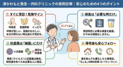 【38℃以上の発熱】救急外来を受診する目安は?検査・治療の方針を解説|津かわもと救急・内科クリニックのアイキャッチ画像