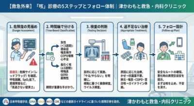 【咳が止まらない】「咳」で受診される患者さんへ:当院の診療方針とフォロー体制|津かわもと救急・内科クリニックのアイキャッチ画像