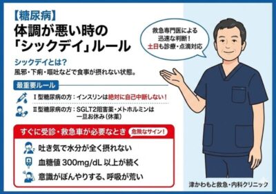 【糖尿病】風邪や下痢で食欲がない…「シックデイ」の対処法を救急医が解説のアイキャッチ画像