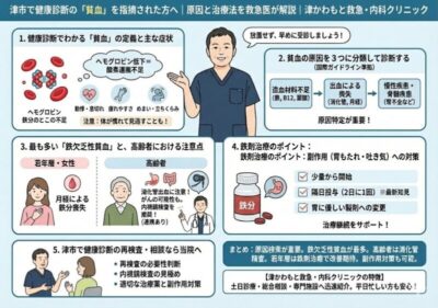 【貧血を指摘されたら?】津市で健康診断の「貧血」を指摘された方へ|原因と治療法を救急医が解説|津かわもと救急・内科クリニックのアイキャッチ画像