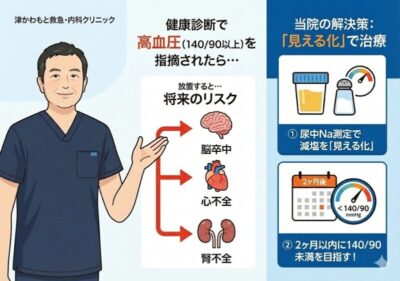 【高血圧を指摘されたら】健康診断で高血圧を指摘されたら？放置するリスクと治療の目安｜津かわもと救急・内科クリニックのアイキャッチ画像