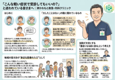 「こんな軽い症状で受診してもいいの?」と迷われている皆さまへ|津かわもと救急・内科クリニックのアイキャッチ画像