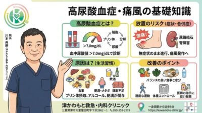 健康診断で指摘された尿酸値（高尿酸血症）とは？｜津かわもと救急・内科クリニックのアイキャッチ画像