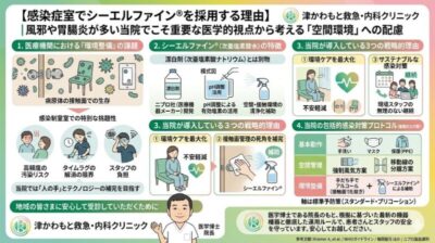【感染症室でシーエルファイン®を採用する理由】｜風邪や胃腸炎が多い当院でこそ重要な医学的視点から考える「空間環境」への配慮│津かわもと救急・内科クリニックのアイキャッチ画像