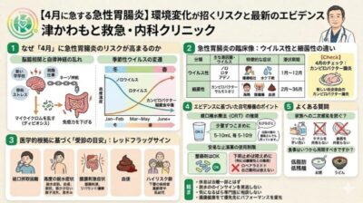 【4月に急増する急性胃腸炎】環境変化が招くリスクと急性胃腸炎│津かわもと救急・内科クリニックのアイキャッチ画像