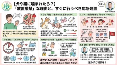 【犬や猫に噛まれたら？】「放置厳禁」な理由と、すぐに行うべき応急処置│津かわもと救急・内科クリニックのアイキャッチ画像