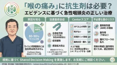 【咽頭痛】喉の痛みに抗生剤は必要？エビデンスに基づいた急性咽頭炎の正しい治療のアイキャッチ画像