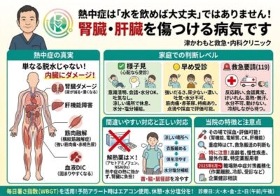 「水を飲めば大丈夫」ではありません ― 熱中症は腎臓・肝臓を傷つける病気です │津かわもと救急・内科クリニックのアイキャッチ画像