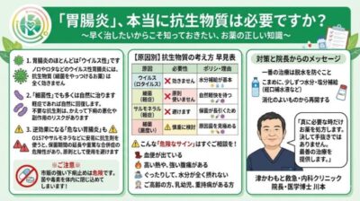 【その胃腸炎、抗生剤は必要ですか？】救急医が教える「効く胃腸炎」と「危ない胃腸炎」│　津かわもと救急・内科クリニックのアイキャッチ画像