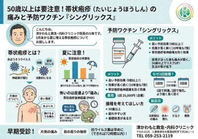 50歳を過ぎたら要注意。帯状疱疹の痛みと、予防ワクチン「シングリックス」について │津かわもと救急・内科クリニックのアイキャッチ画像