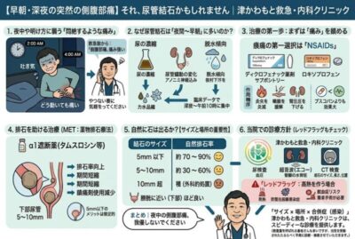 【早朝・深夜の突然の側腹部痛】それ、尿管結石かもしれません｜津かわもと救急・内科クリニックのアイキャッチ画像